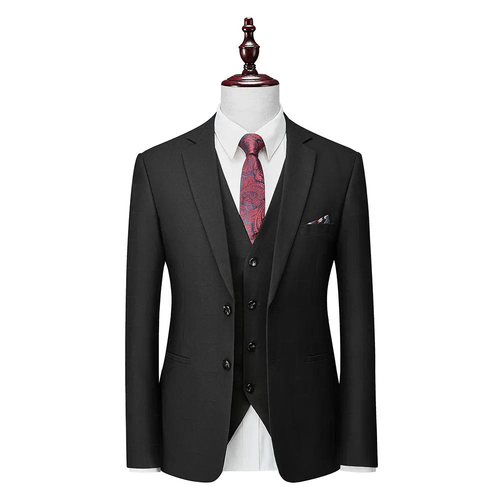 Men's navy blue plaid slim fit three-piece suit with vest, jacket, and trousers