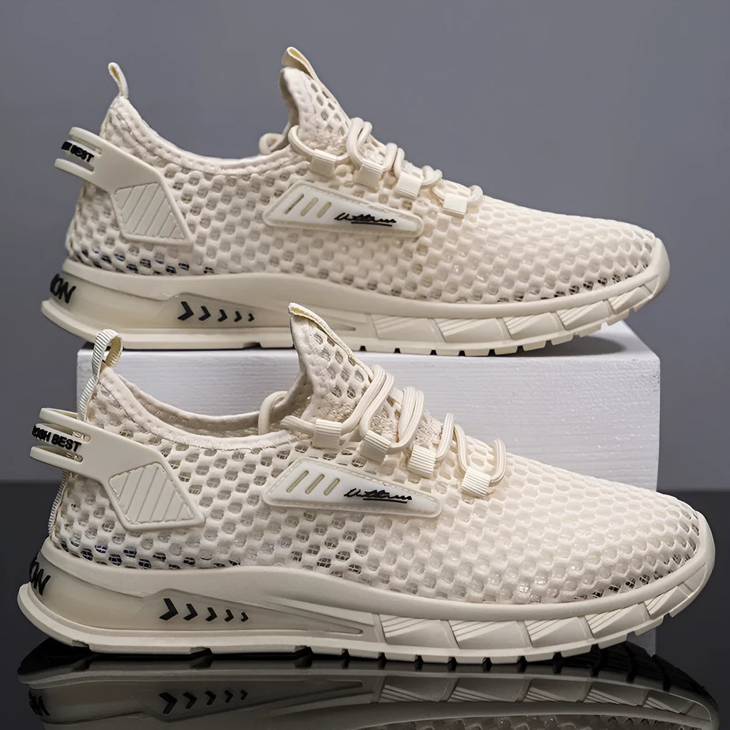 Men's beige mesh and synthetic leather sneaker with lace-up front and low flat heel