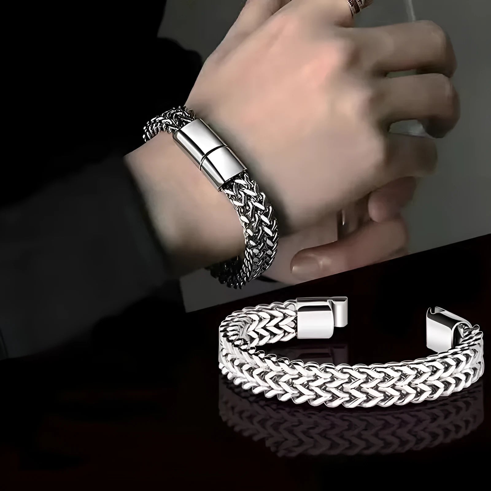 Geometric stainless steel bracelet with front and back detailing in silver colour