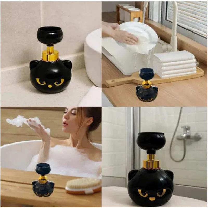 Black plastic cartoon cat shaped foam soap dispenser measuring 10 by 18 centimetres