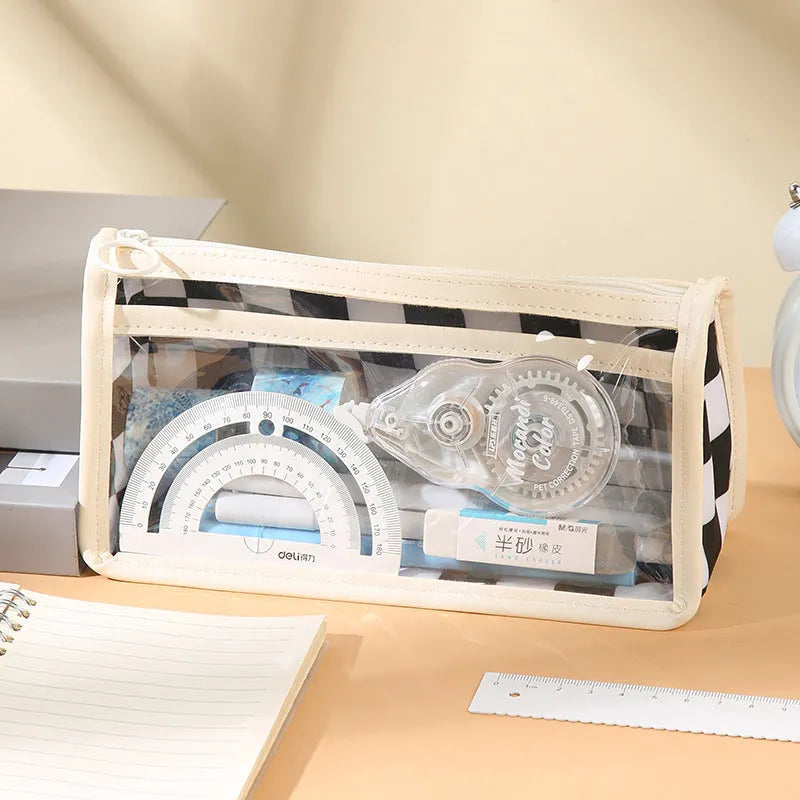Transparent PVC pencil case with chessboard pattern showing pens inside