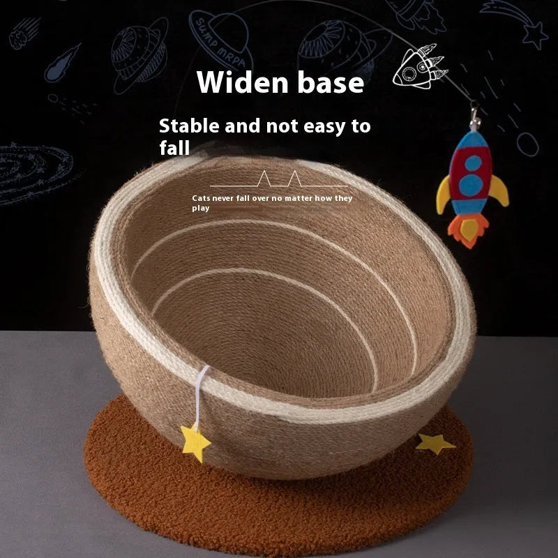 Large integrated cat scratching board and flannel-lined cat nest in starry sisal colour on wooden base.