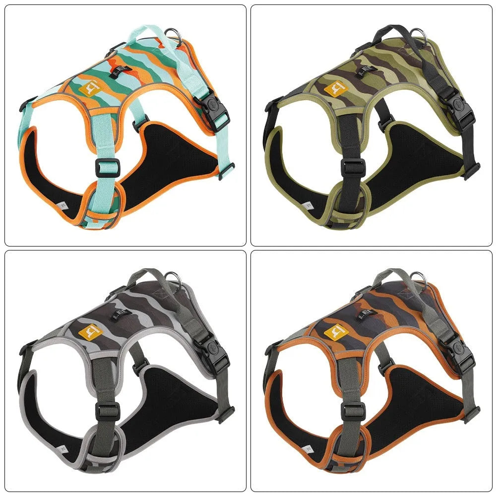 Orange reflective dog walking lead with chest and back straps made from Oxford cloth.