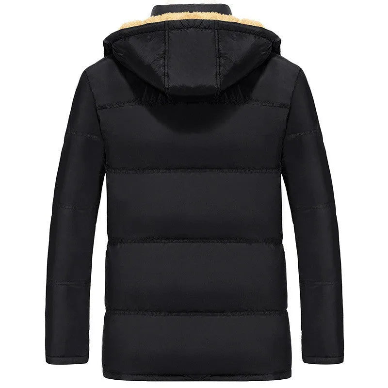Men's black hooded double-breasted winter padded jacket with velvet lining on a size chart background