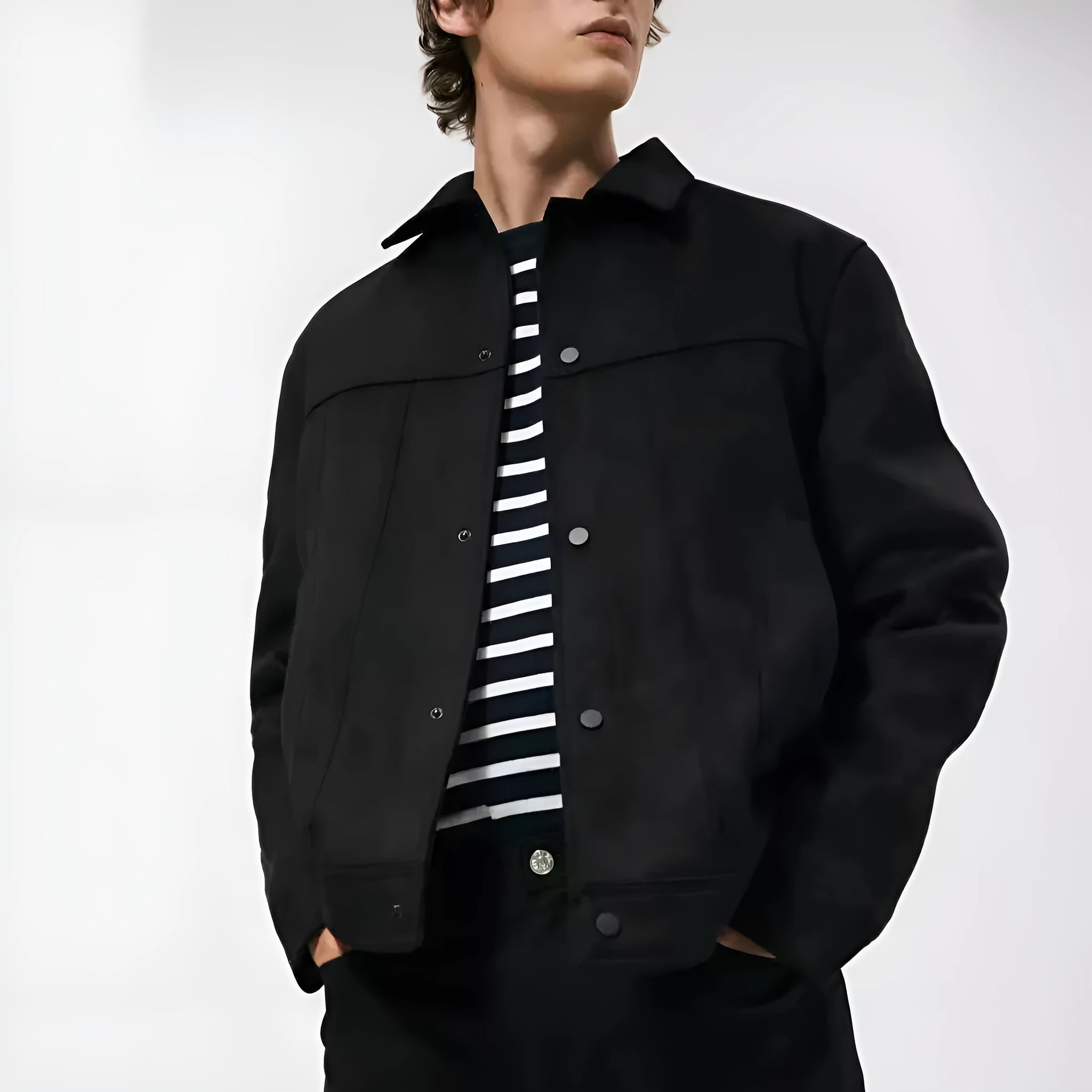 Men's black hooded jacket with suede collar showing side seam pockets and regular cut design