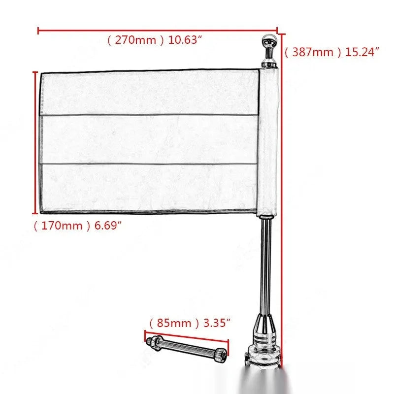 Black and silver motorcycle side box flagpole for mounting on luggage rack or bumper.