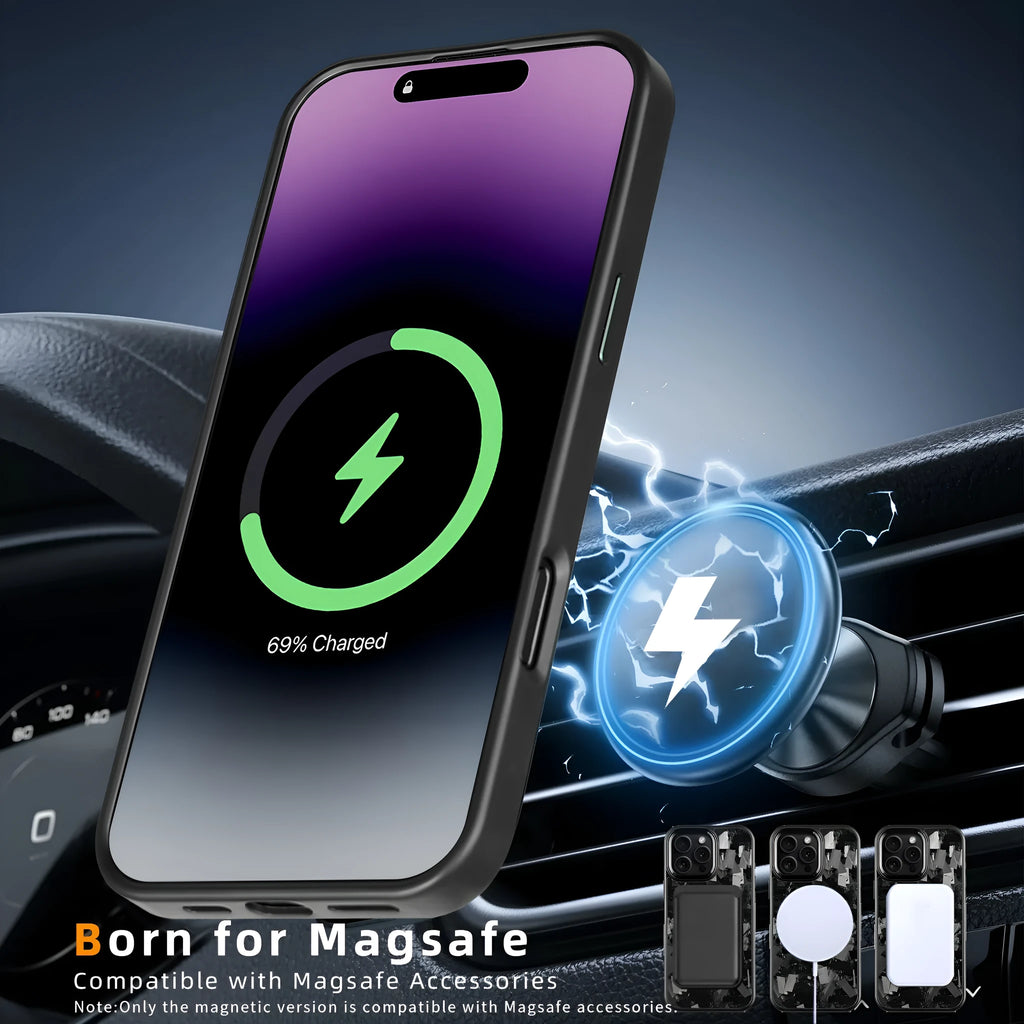 iPhone 17 protective case with black metal frame, blue gold carbon fibre forged pattern, and magnetic feature on back.