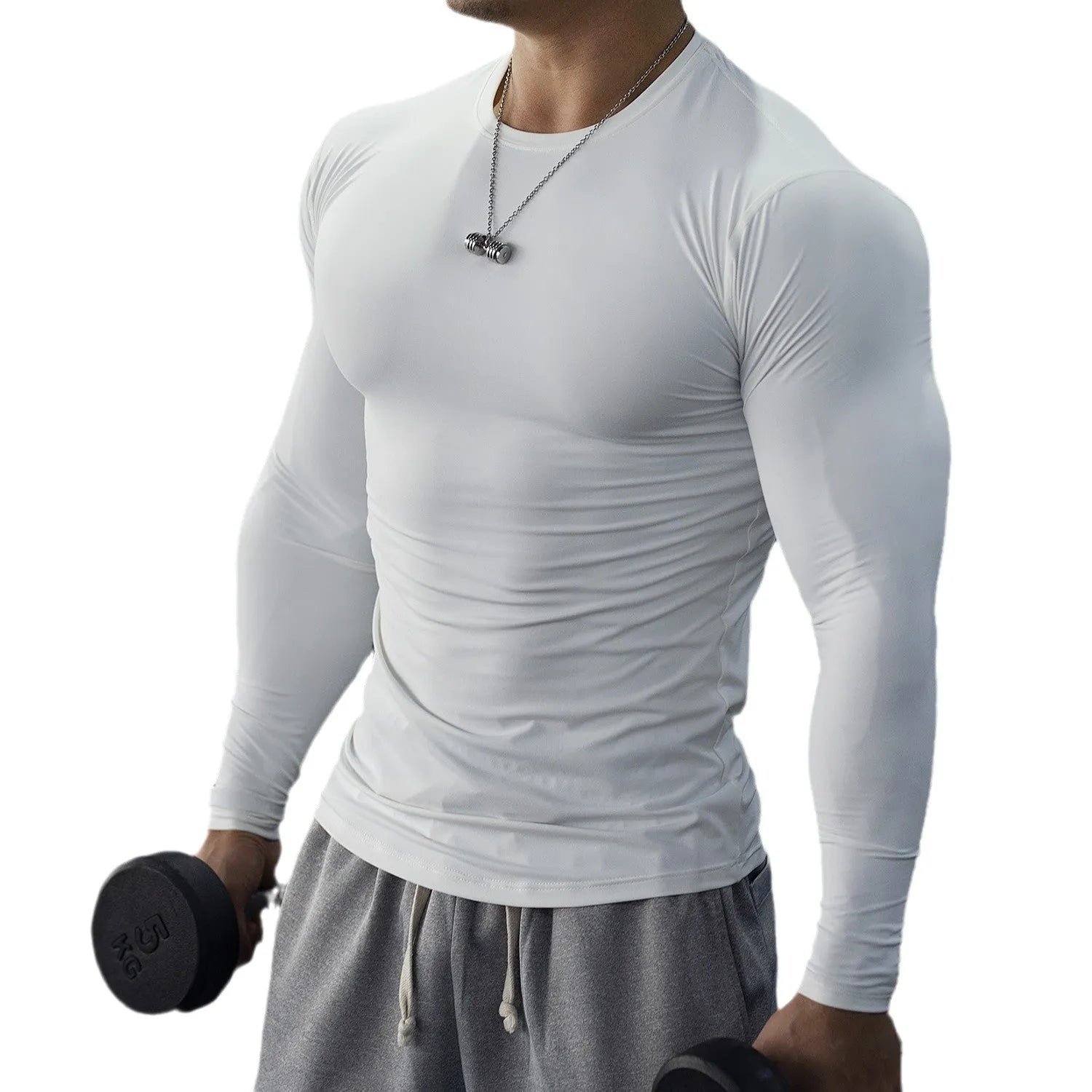Men's black slim-fit long-sleeve fitness tights made from quick-dry nylon blend fabric.