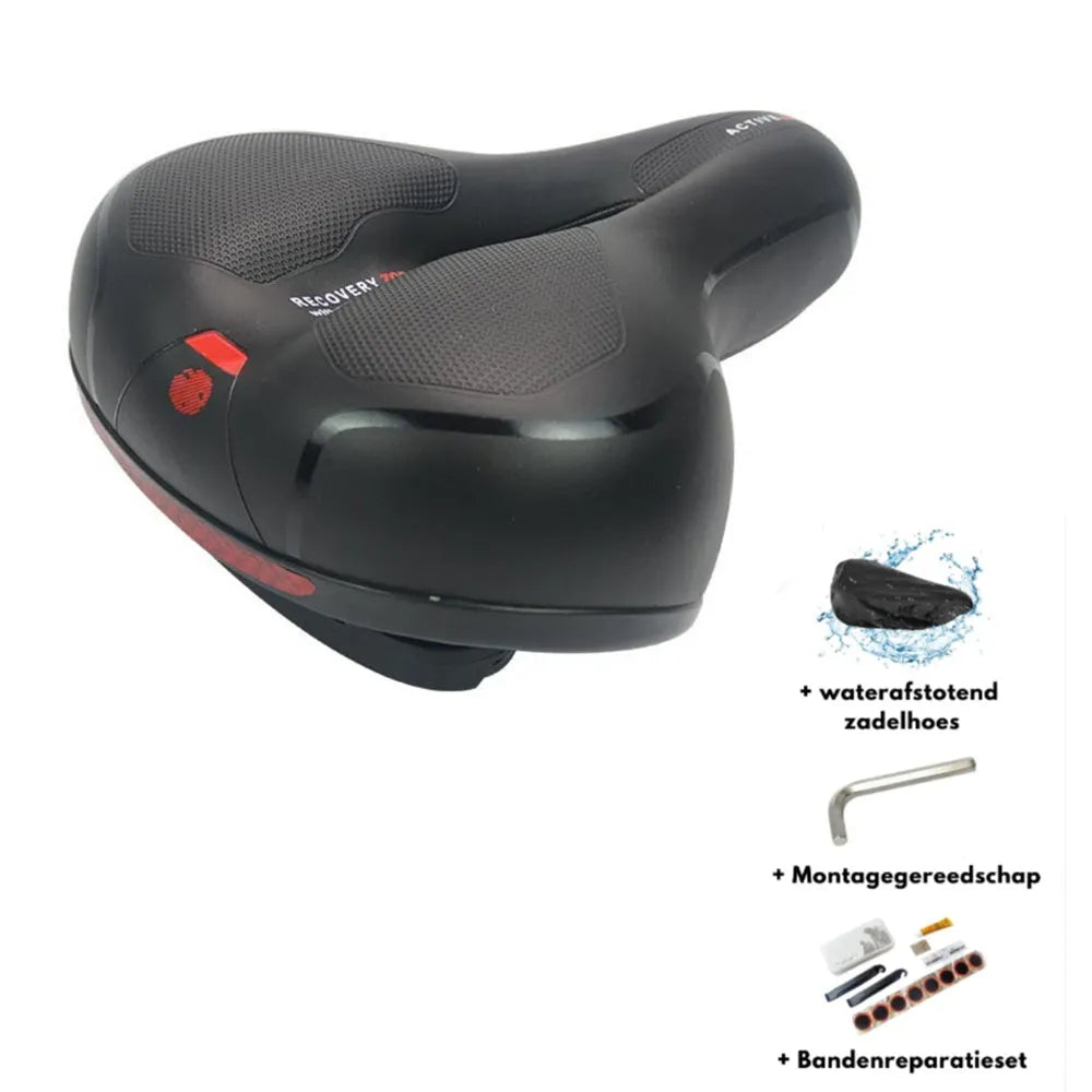 Thickened silicone bicycle saddle cushion with waterproof cover and tools kit on a bike seat.