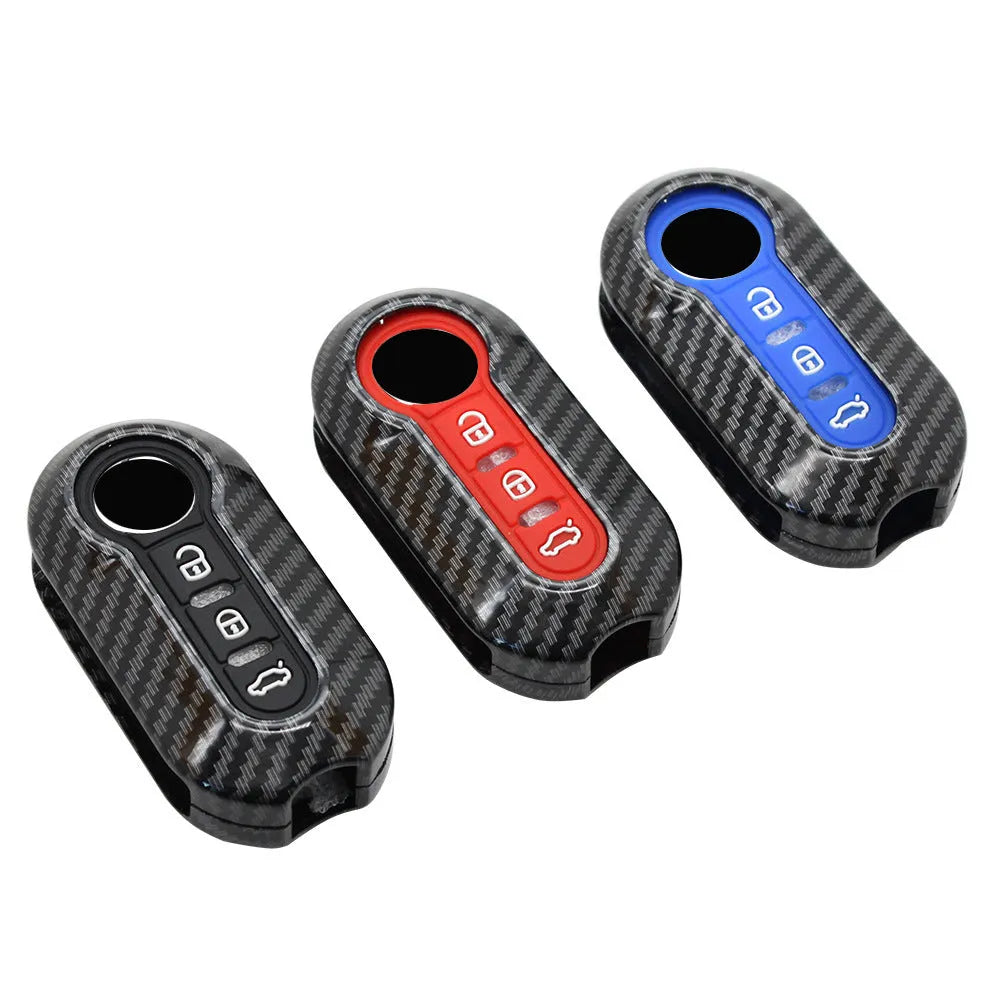 Fiat 500 Boyue Ottimo Viaggio carbon fibre design remote key case in black, red, and dark blue