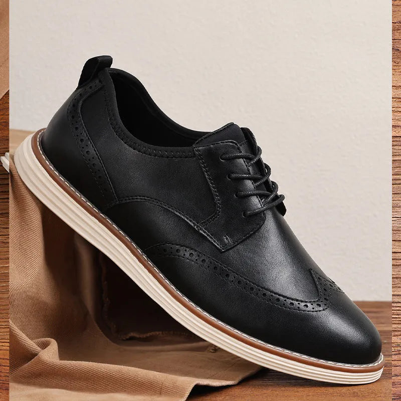 Men's black slip-on business shoes with round toe and TPR sole