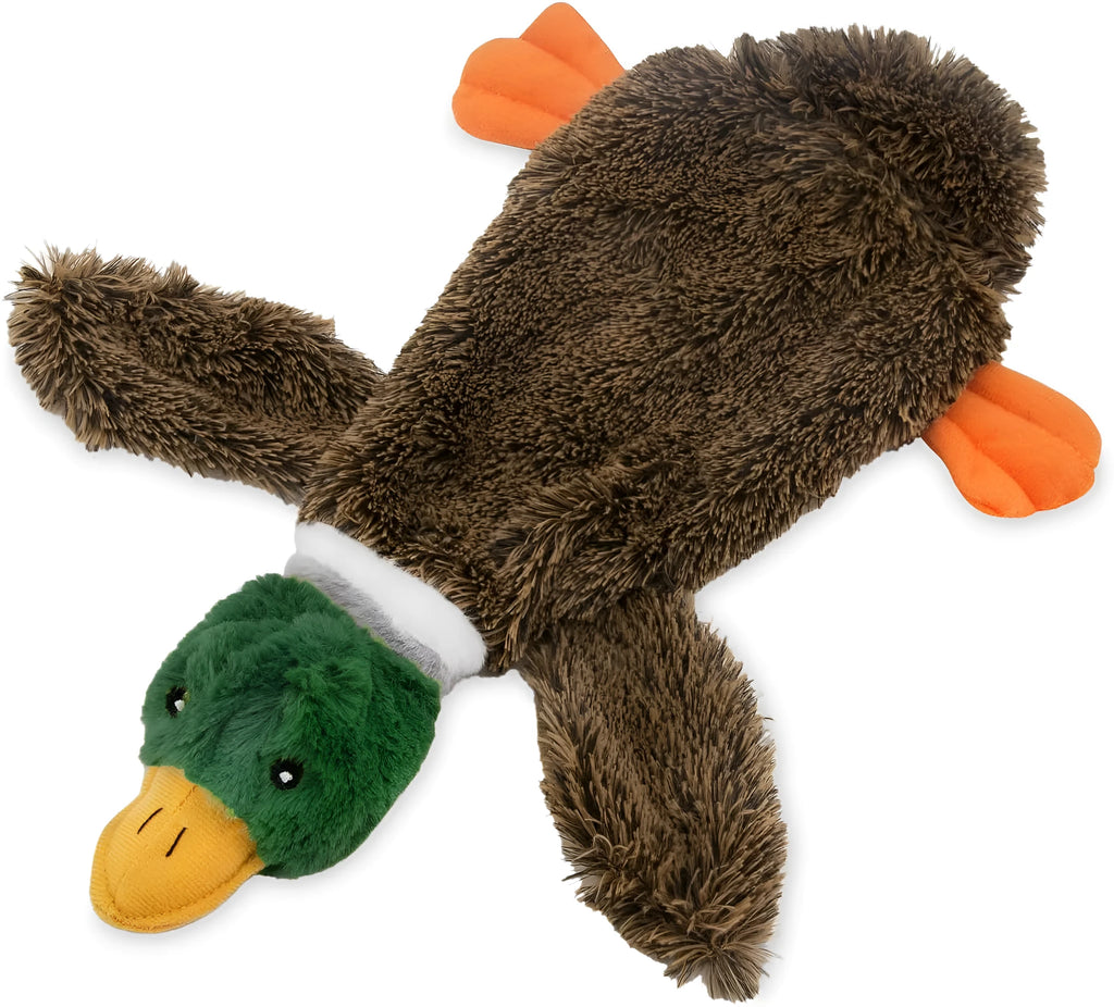 Green wild duck stuffless squeaky dog toy with a fabric loop and soft plush material.