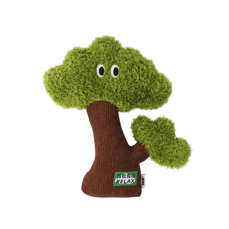 Pine tree-shaped hanging cat chew toy with mint filling, shown next to a ruler for scale