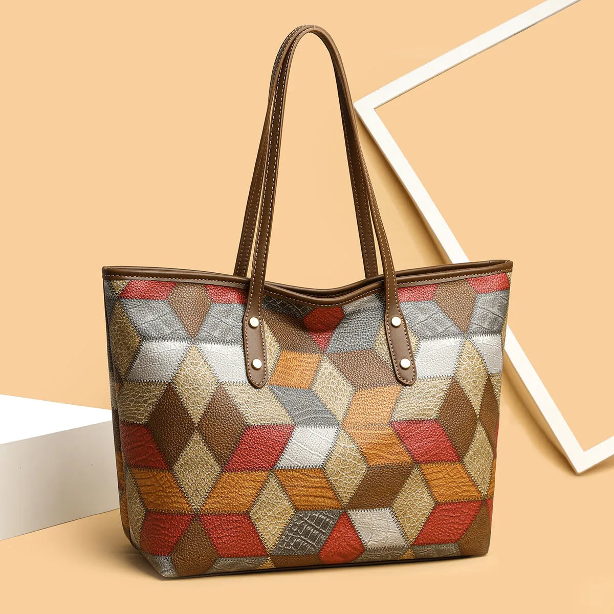 Women's blue brown PVC shoulder handbag with outer sandwich pocket for business and travel