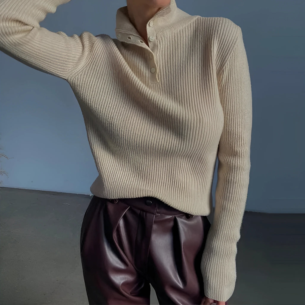 Women's silver grey retro half turtleneck pullover sweater with a single-breasted placket in a slim fit.