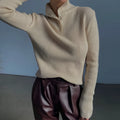 Women's silver grey retro half turtleneck pullover sweater with a single-breasted placket in a slim fit.