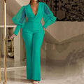 Women's mesh stitch jumpsuit with slim long sleeves, elastic waist, and wide leg trousers in red colour