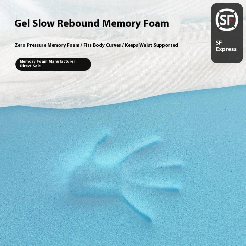 Thin gel memory cotton tatami mattress showing slow rebound texture on a wooden floor.