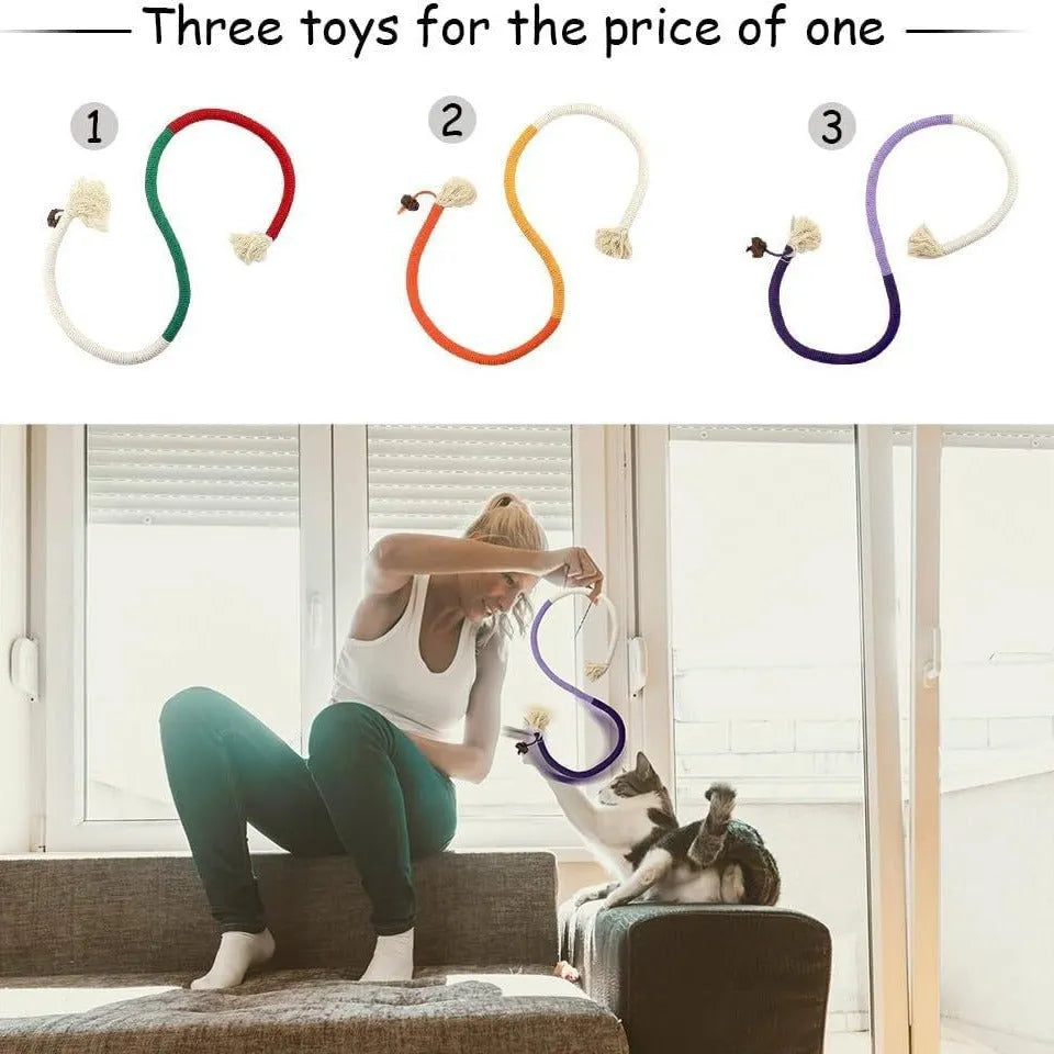 70cm long cat bite rope toy with cotton string in purple, orange, or red and green colour options