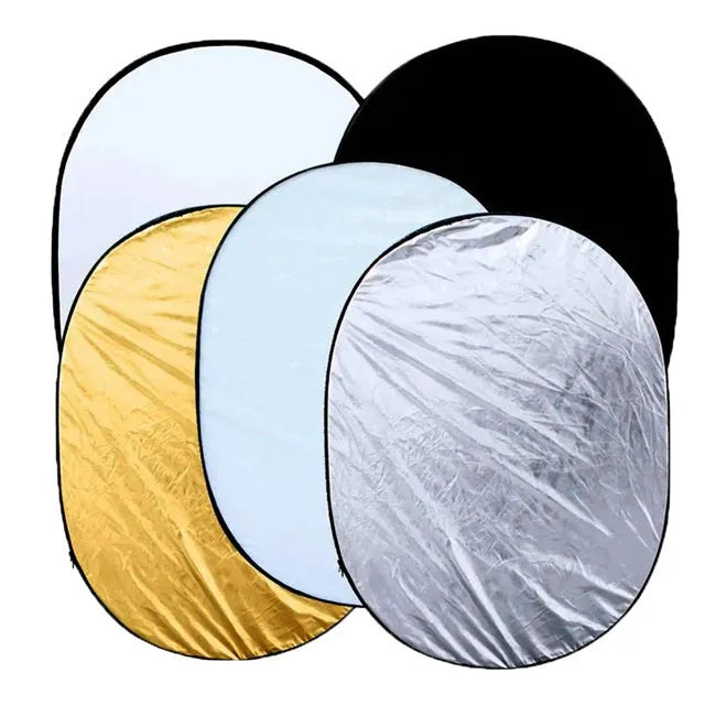 5-in-1 collapsible photography reflector with gold, silver, white, black and translucent surfaces