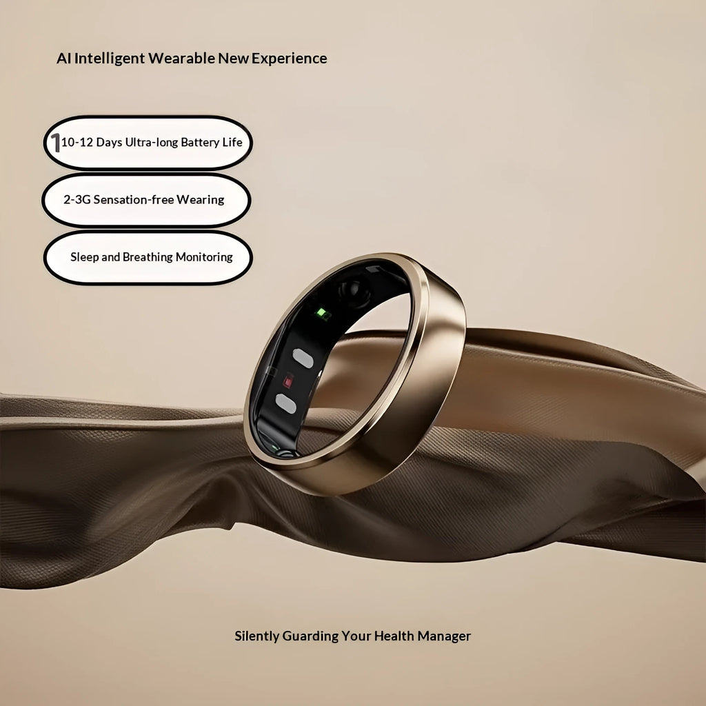 Multifunctional Bluetooth smart AI ring with heart rate monitor, touch control, IPS screen, in black, silver, or gold, sizes 7-13.