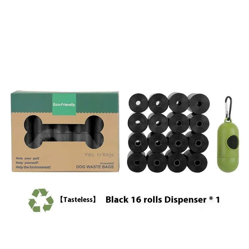 Roll of green EPI degradable pet garbage bags next to a boxed set with a dispenser.