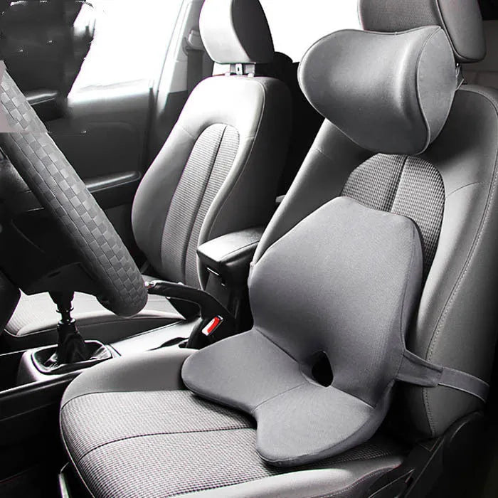 Memory foam car waist support cushion in beige colour, shown alongside optional matching headrest.
