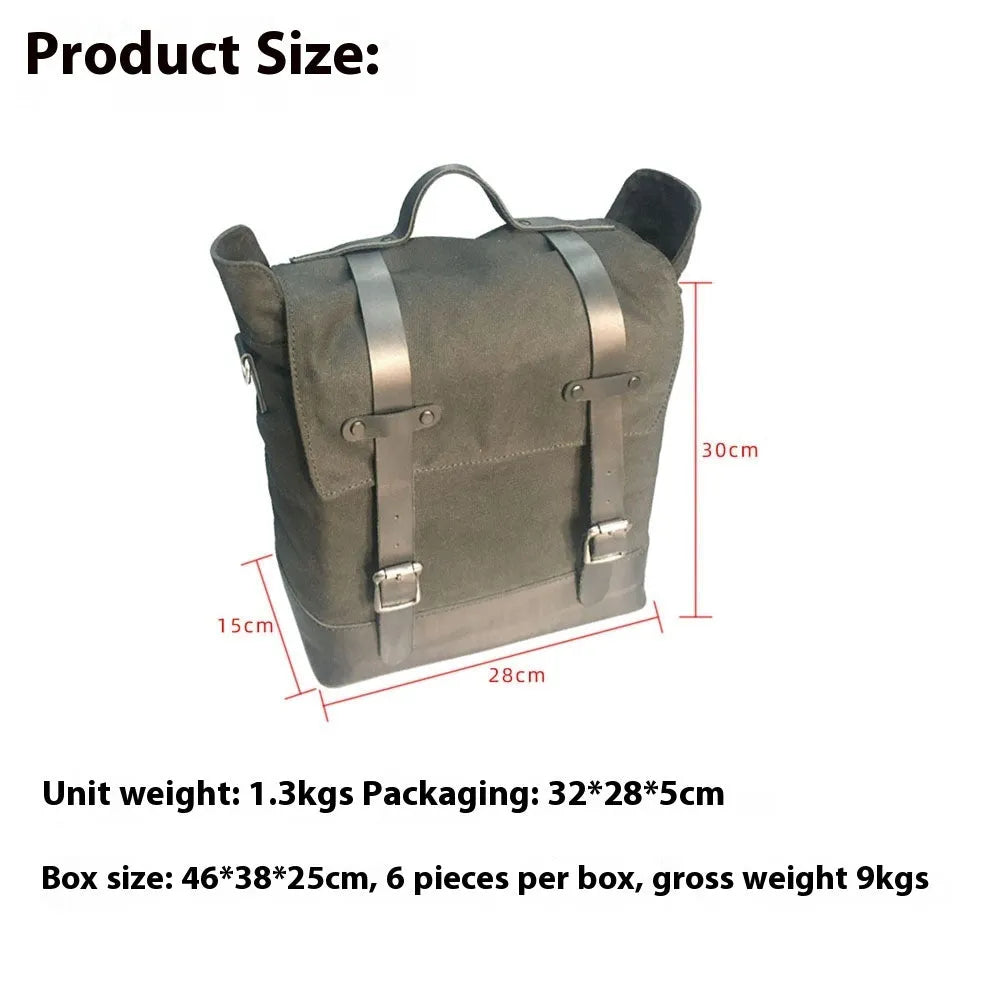 Black waterproof canvas motorcycle side bag with cowhide accents showing 300×280×150mm dimensions