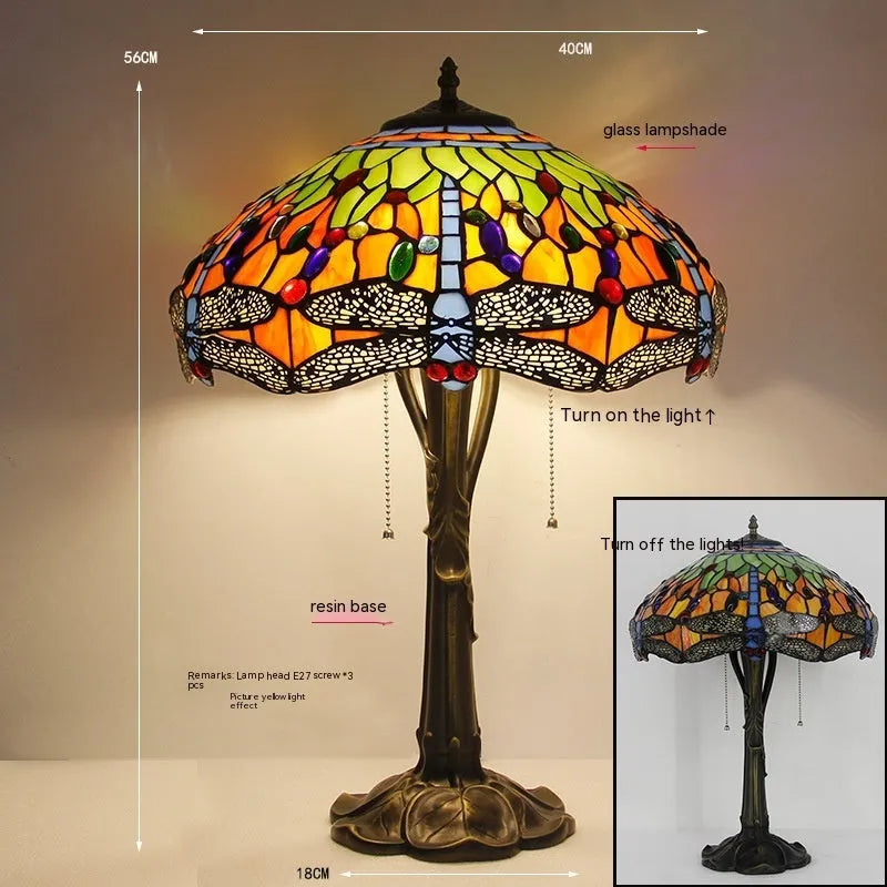 Stone Tiffany-style table lamp with a detailed dragonfly design in multiple colour options.