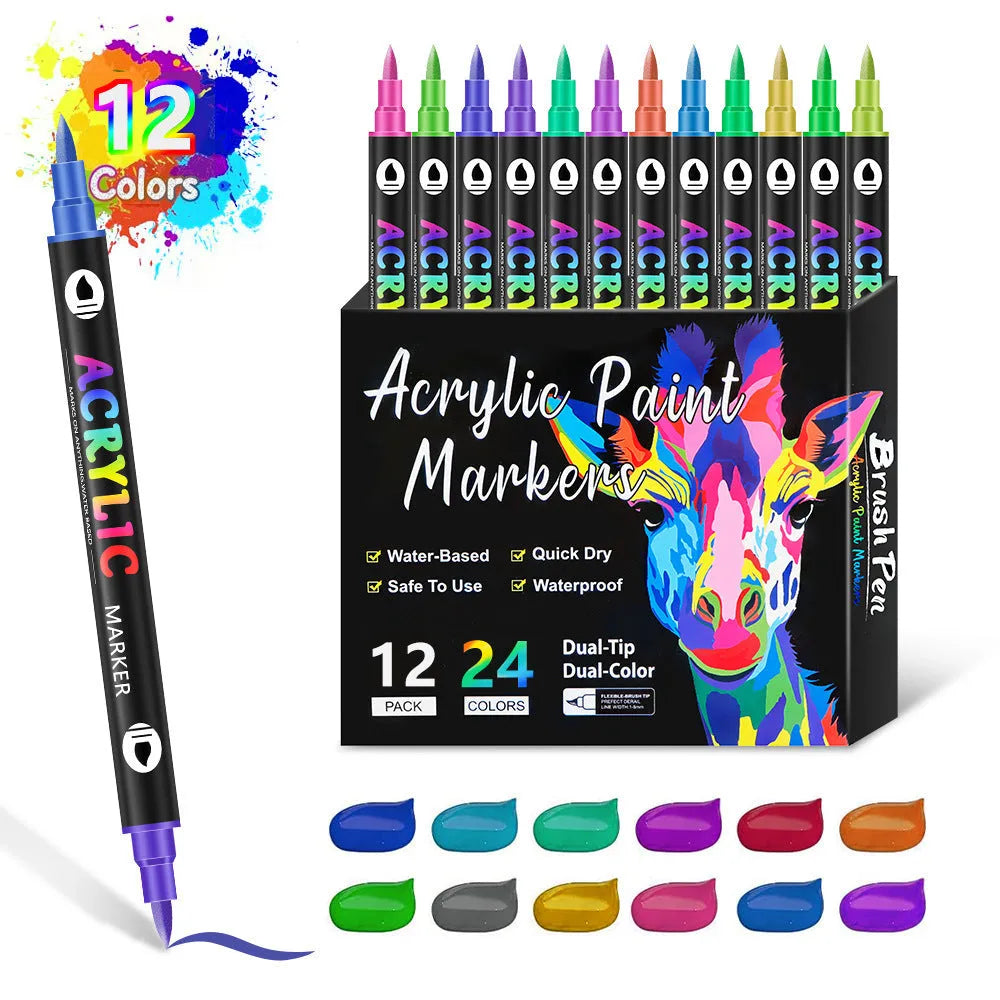Set of double-headed acrylic marker pens with fine and brush tips showing opaque washable ink