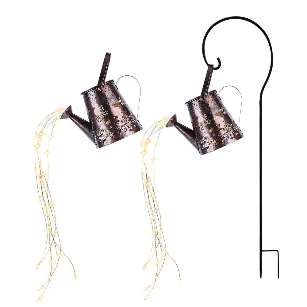 Tapered butterfly pattern iron solar garden lamp with warm white LED lighting