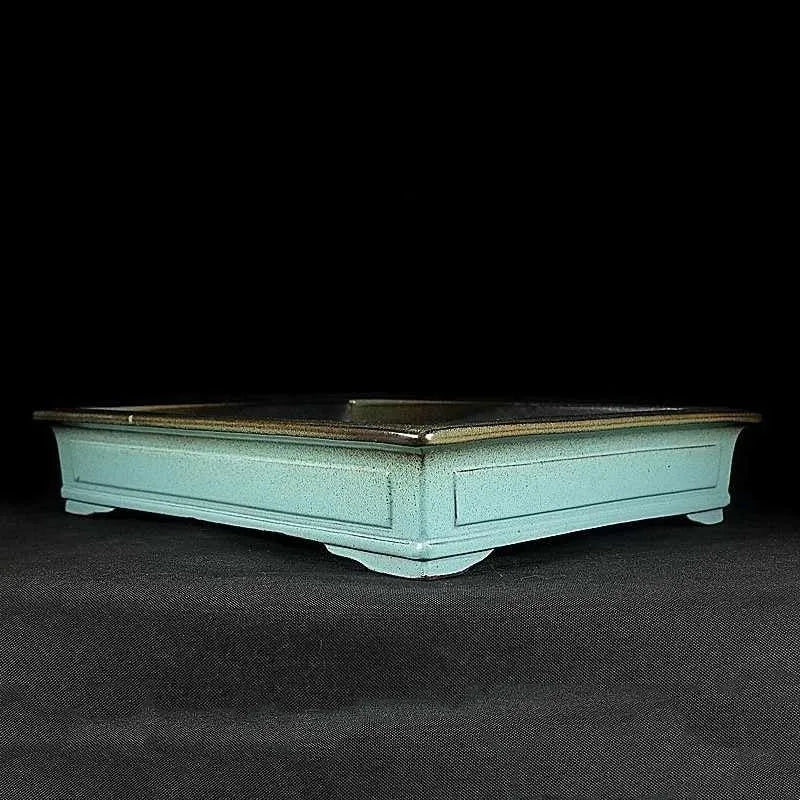 Green retro style handmade ceramic bonsai pot with purple sand crackled glaze