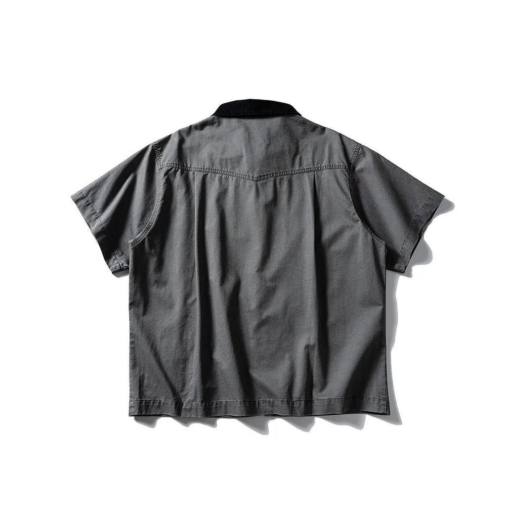 Washed cotton short sleeve overall shirt in loose fit cardigan style for teenage leisure wear
