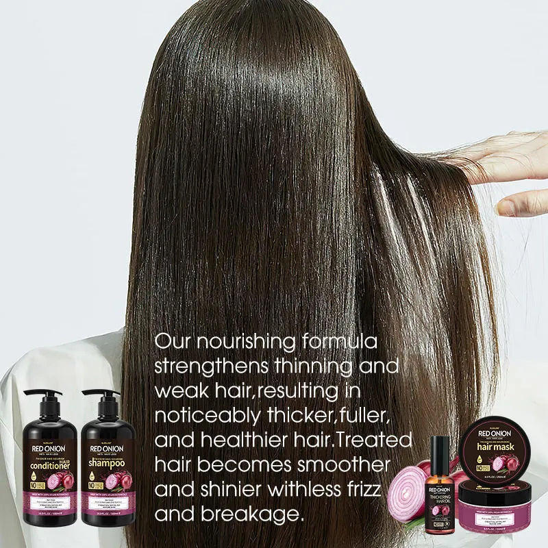 Red Onion Shampoo Conditioner Suit full set showing 500ml shampoo, 500ml conditioner, 250ml hair mask and 50ml essential oil bottles.
