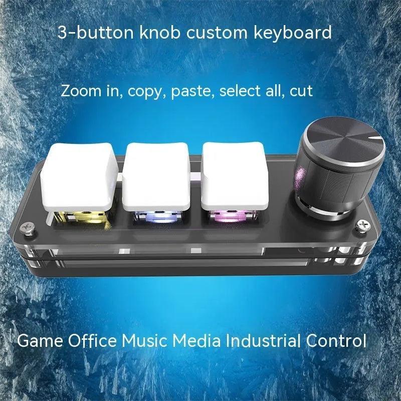 Black and white macro keypad mini keyboard with RGB backlit keys on a desk