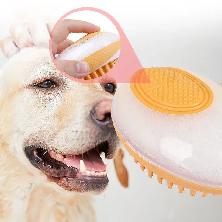 2-in-1 pet bath brush with soft silicone bristles, foam reservoir and non-slip grip in pink, orange or green
