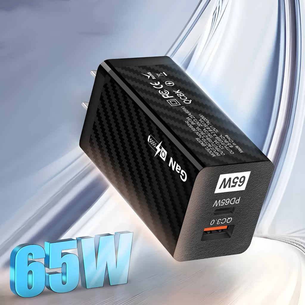 65W Gallium Nitride laptop charger in black with compact dimensions and USB PD port