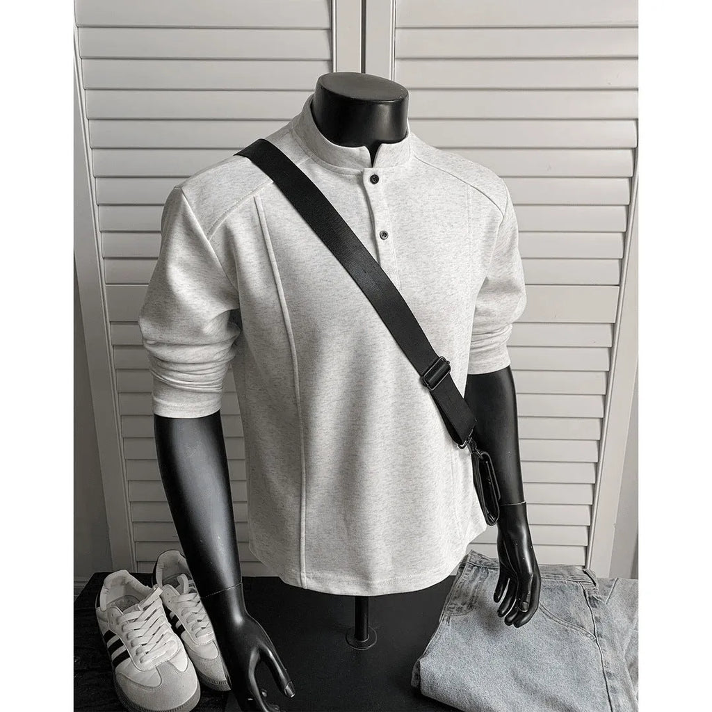 Men's patchwork stand-up collar sweater shoulder polo shirt in Chinese cotton fabric