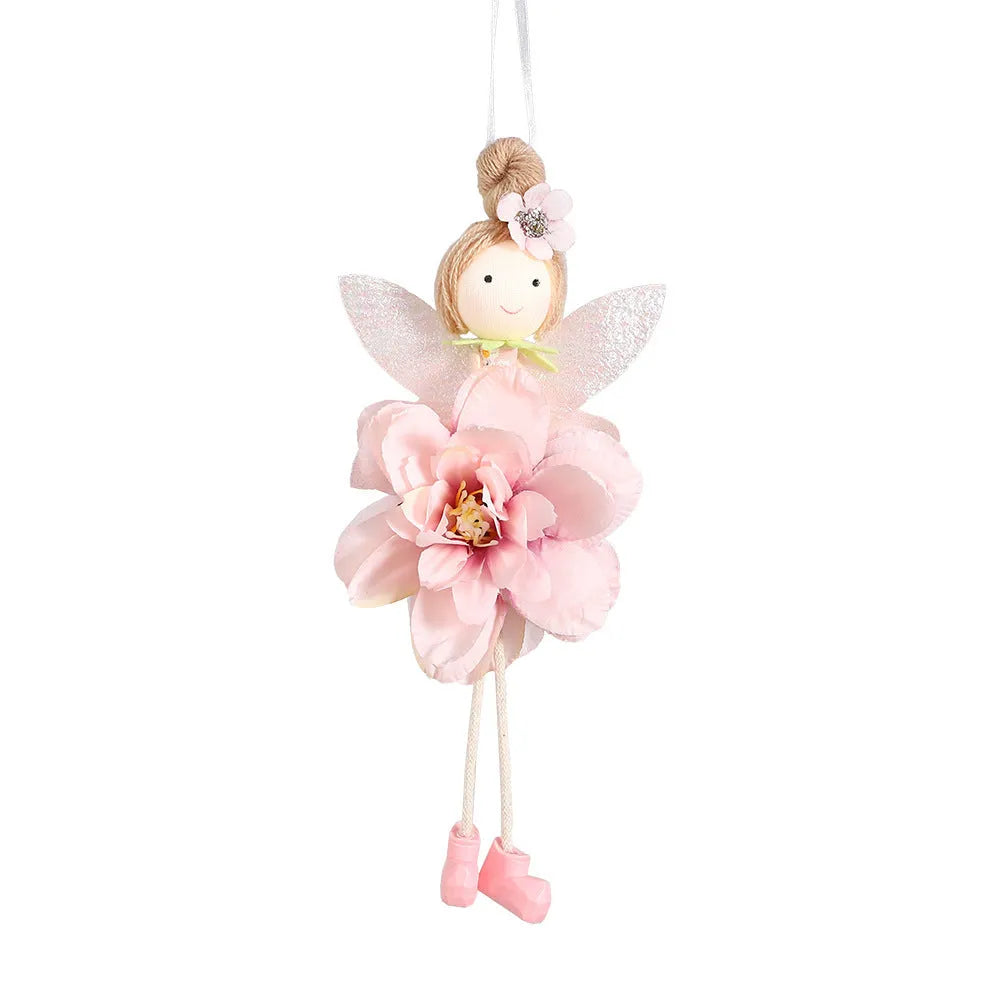Cute cloth elf flower angel pendant for Easter decoration in dark pink, pink, green, and yellow colours.