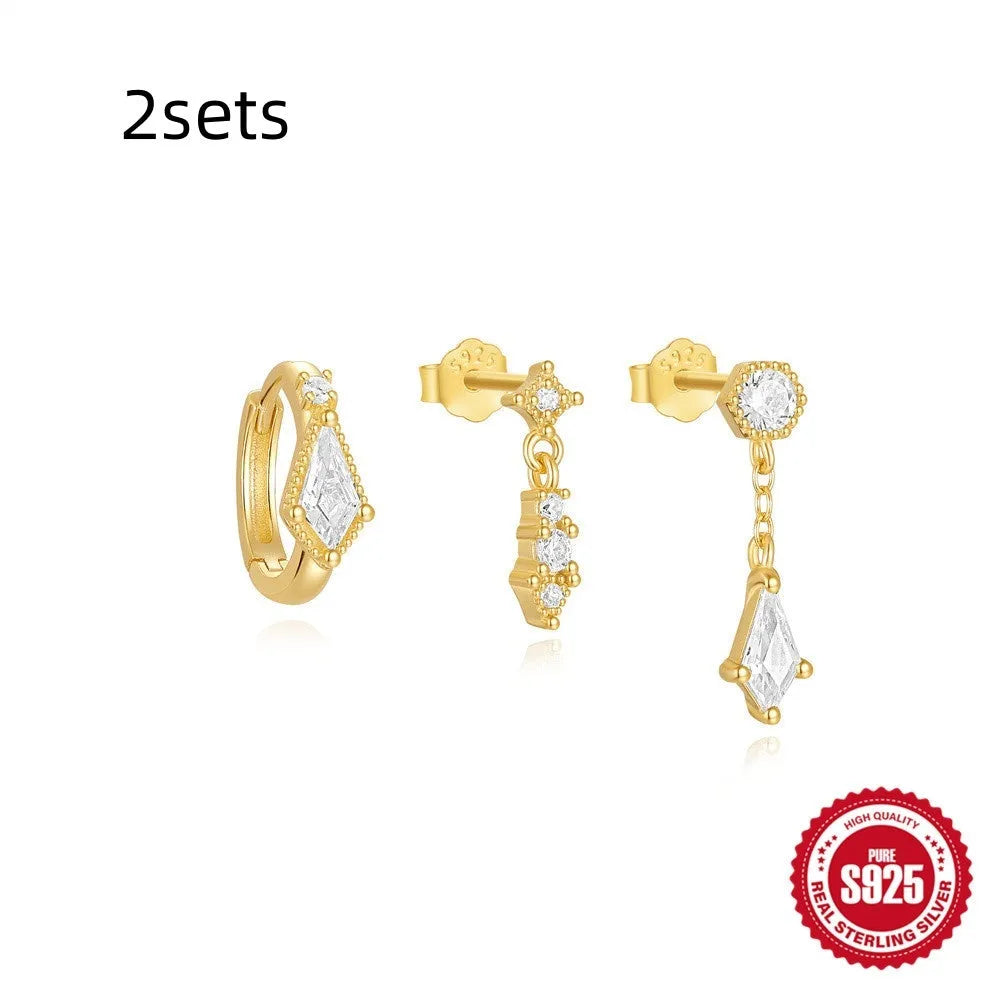 S925 sterling silver geometric tassel earrings set with three pairs in gold colour variations