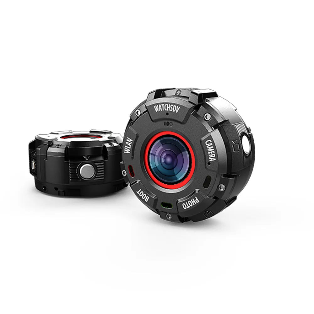 Black waterproof sports digital camera with compact design showing dimensions and SD card slot