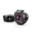 Black waterproof sports digital camera with compact design showing dimensions and SD card slot