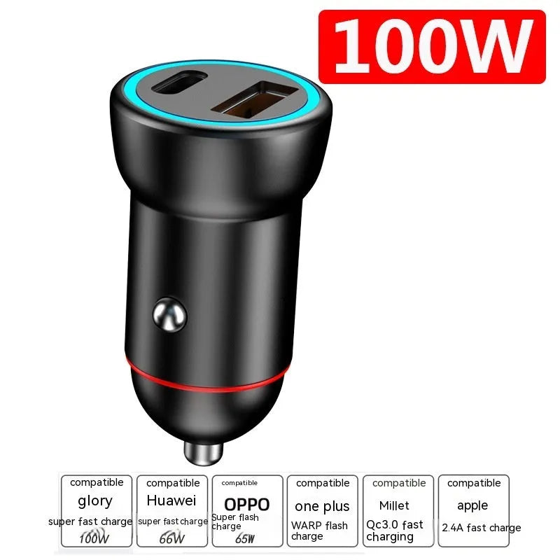 Black 200W super fast car charger with compact zinc alloy design and USB output port