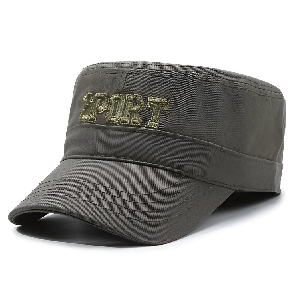 Cotton adjustable flat-top peaked cap for men in multiple colours with English letter detail.