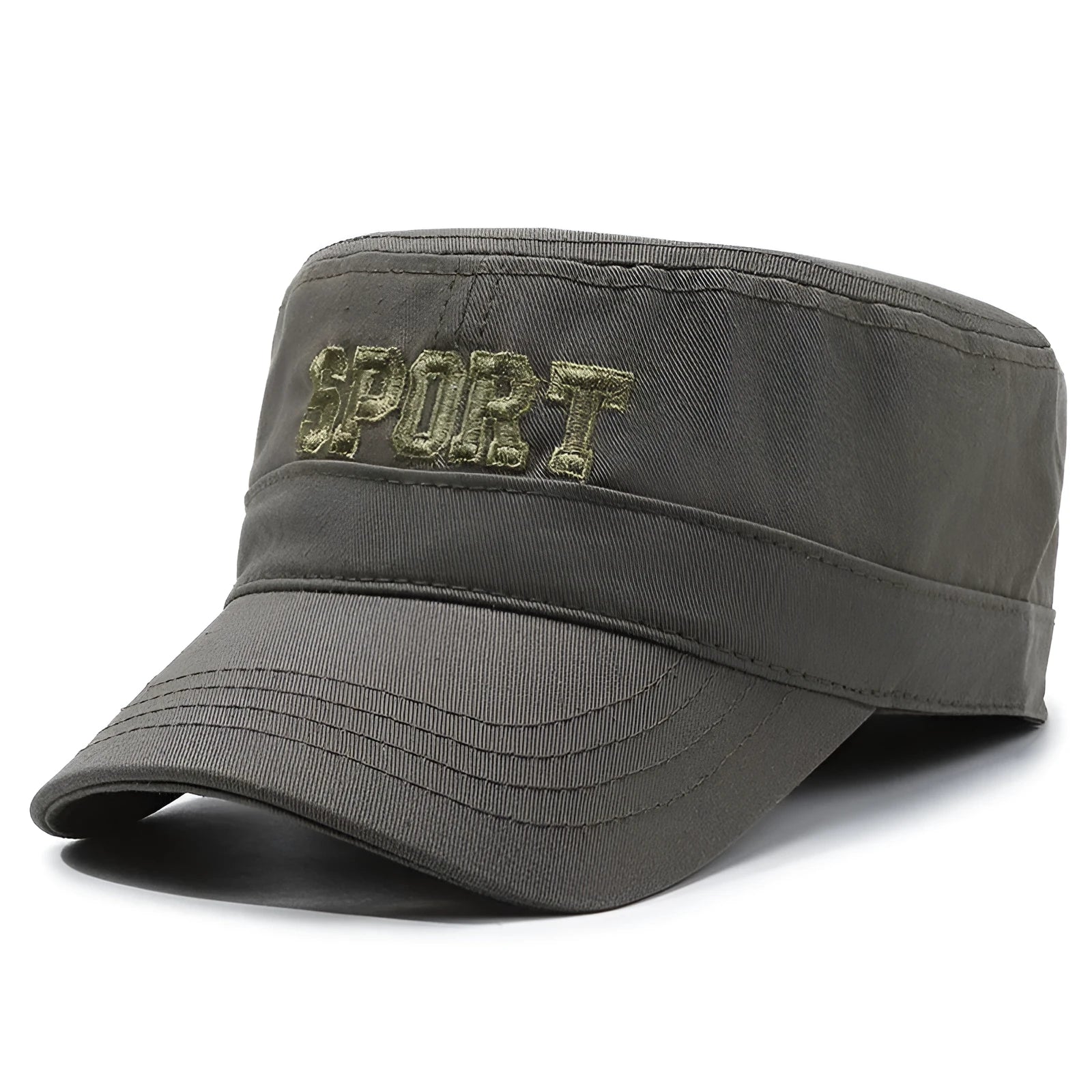 Cotton adjustable flat-top peaked cap for men in multiple colours with English letter detail.