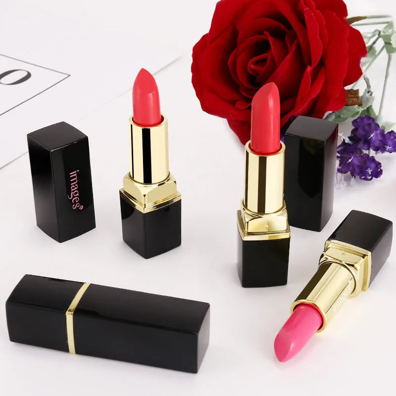 3.8g moisturising lipstick in stick format showing 10 colour options from coral red to retro red