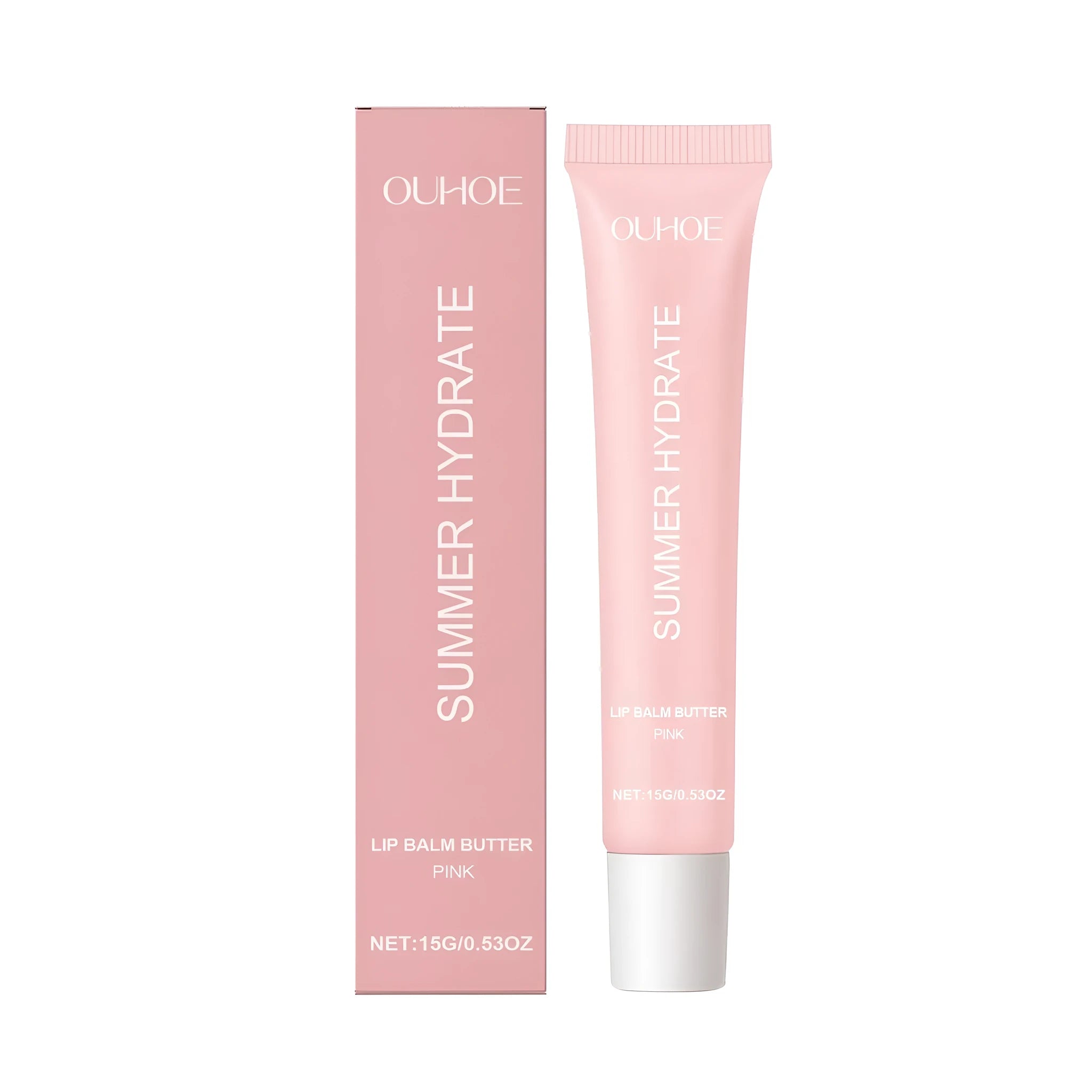 Pink tinted lip balm stick with shea butter and vitamin E formula