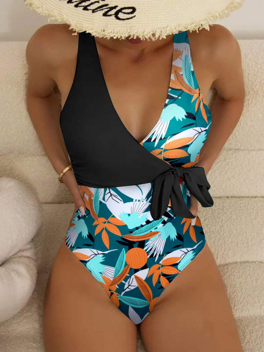 Women's high waist one-piece bikini in a printed pattern, made from quick-dry fabric.