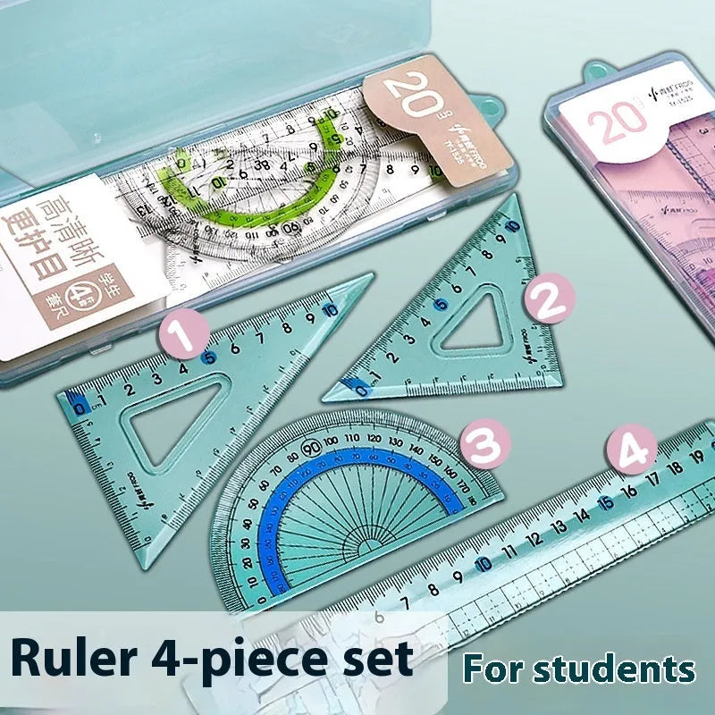 Transparent acrylic ruler set with square protractor for technical drawing and measurement