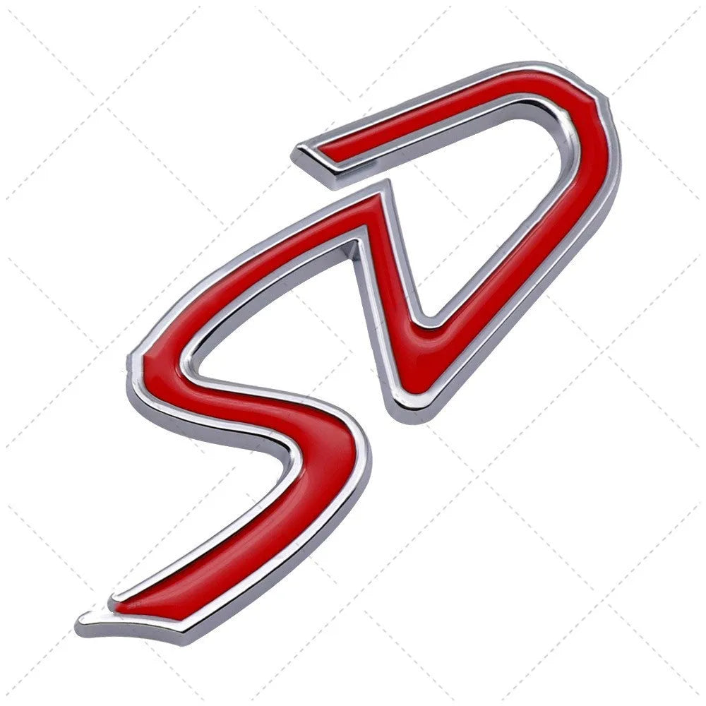 Metal car bumper sticker showing SD pattern in red and silver colours with dimensional raised lettering